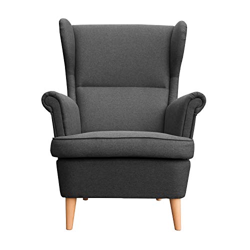 myHomery Sessel Luccy gepolstert - Ohrensessel Polsterstuhl für Esszimmer & Wohnzimmer - Lounge Sessel mit Armlehnen - Eleganter Retro Stuhl aus Stoff mit Holz Füßen - Anthrazit | Sessel