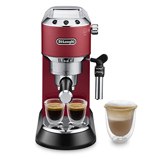 De'Longhi Dedica Style EC 685.R –Espresso Siebträgermaschine, Espressomaschine mit professionellem Milchaufschäumer, nur 15 cm breit, für Kaffeepulver oder ESE Pads,1lWassertank, rot,220-240V 50/60Hz
