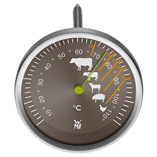 WMF Fleischthermometer analog 6,3 cm, Bratenthermometer mit Garpunkte-Markierungen für Steak Rind Kalb Lamm Schwein Geflügel, Sonde bis 110°C