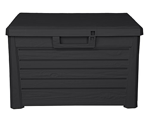 Ondis24 Kissenbox Florida Holz Optik Sitztruhe Auflagenbox Poolbox 120 Liter XL mit Gasdruckfedern (Kompakt, Anthrazit)
