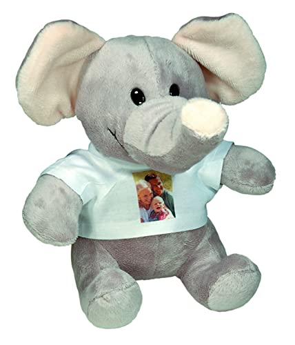 Stofftier Elefant mit persönlichem Foto zum selbst gestalten (kuschliger Grauer Plüsch, weißes T-Shirt mit individuellem Foto Bedruckt, Thermo-Sublimationsdruck, Kuscheltier