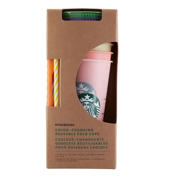 Starbucks Farbwechsel-Mehrwegbecher 2022, 5er Set Becher mit Deckel und Strohhalm, 709 ml