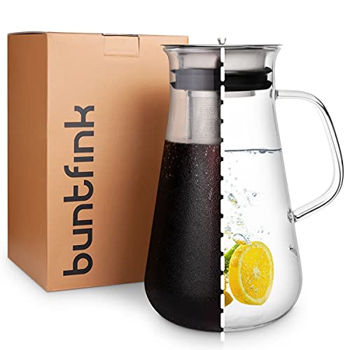 buntfink®‚MultiPitcher‘ 3-in-1 Kaffeebereiter für Cold Brew | Glaskaraffe 1,5 L | Wasserkaraffe mit Edelstahl Deckel | für kaltgebrühten Kaffee und Tee | plastikfrei