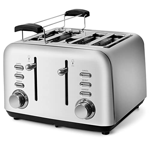 OZAVO Toaster 4 Scheiben, Brötchenaufsatz, 7 Bräunungsstufen, Zentrierfunktion, mit Abnehmbarer Krümelschublade, Edelstahlgehäuse, 1500W