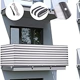 Clothink Balkon Sichtschutz Balkonabdeckung Balkonverkleidung Blickdicht Wind- und UV-Schutz,100% Privatsphäre,mit Ösen,Nylon Kabelbinder und Kordel,90x600cm Streifen - Grau Weiß