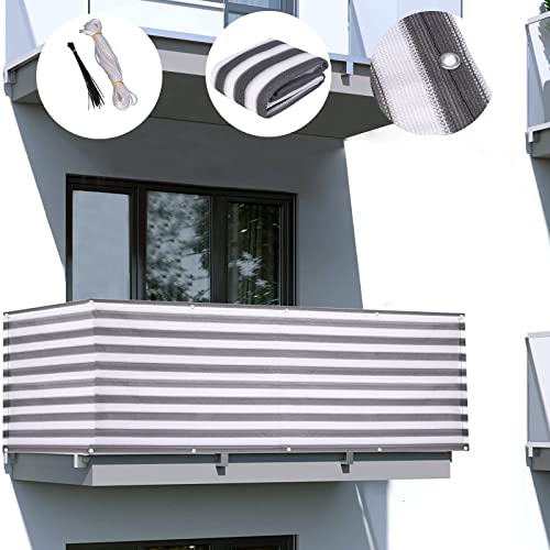 Clothink Balkon Sichtschutz Balkonabdeckung Balkonverkleidung Blickdicht Wind- und UV-Schutz,100% Privatsphäre,mit Ösen,Nylon Kabelbinder und Kordel,90x600cm Streifen - Grau Weiß