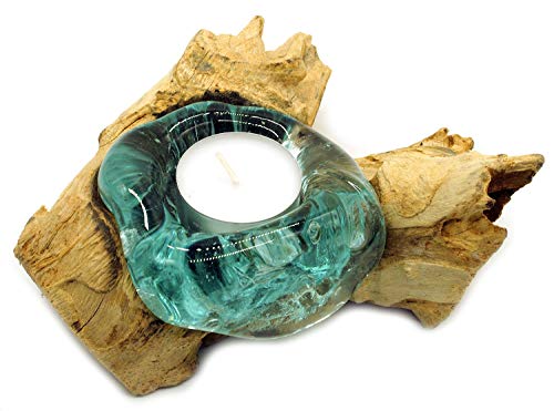 Natur Teelichthalter Glas und Holz, Wurzel mit Glas für EIN Teelicht, Holzwurzel aus Teakholz (Wurzel 12-15 cm)
