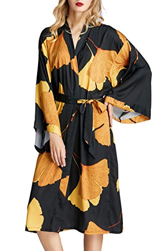 EORUBE Damen Morgenmantel Lange Satin Kimono Robe Ginkgo Blatt Muster Braut Brautjungfer Morgenmantel (Schwarz)