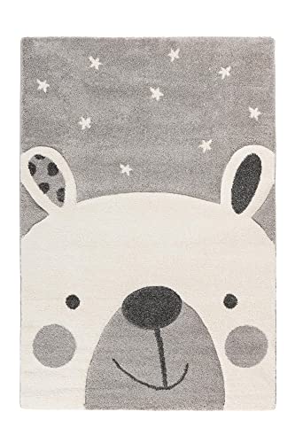 Qiyano Teppich für Kinderzimmer Spielmatte mit Tiermotiv Panda-Bär Bär Hase Pinguin Kinderteppich für Junge und Mädchen, Motiv: Bär, Farbe: Grau, Größe: 80 x 150 cm