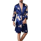 Allthemen Satin Bademantel mit Hose Herren Seide Morgenmantel Leicht Kimono Lang Hausmantel Satin Robe #18001 Blau L