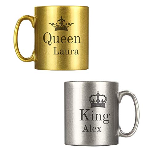 Personalisierte Partner-Tassen mit Namen | “King and Queen” | Metallic Gold & Silber | Zwei Kaffee-Becher mit personalisierten Wunsch-Namen | Qualitäts-Keramik, 2-Set | Kaffee-Tasse