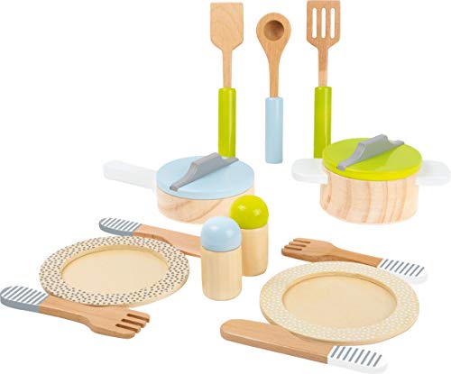 Small Foot Geschirr-und Topfset Kinderküche aus Holz, perfekte Ergänzung zu jeder Spielküche, 15-teilig, 11098, Grün Grau