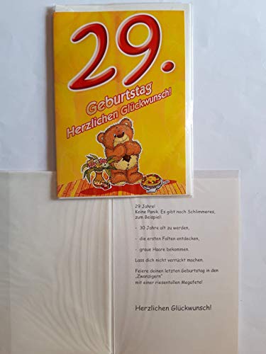 1 Glückwunschkarte, 29. Geburtstag, Doppelkarte m. Umschlag, Teddybär Kuchen Blumenstrauß