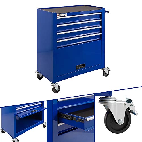 Arebos Werkstattwagen 4 Fächer + großes Fach für Ihr Werkzeug | inkl. Antirutschmatten | 2 Rollen mit Feststellbremse (Blau)