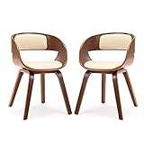 Mingone 2er Set Esszimmerstühle mit Armlehnen Bentwood Designer Stühle mit PU Leder Sessel Küchenstühle Gepolsterte Stühle Wohnzimmer（Braun+Beige）