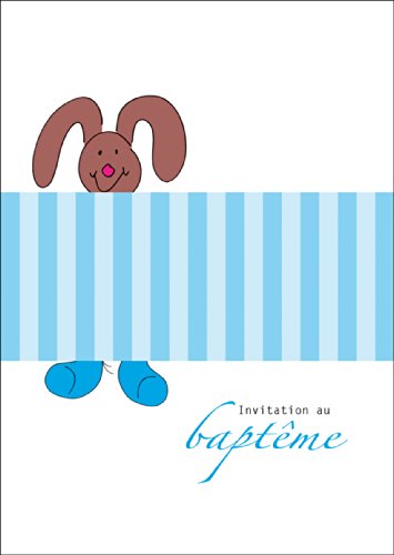 Lustige französische Taufeinladungskarte mit kleinem Hase in blau: Invitation au baptême • niedliche Baby Party Karte, um Verwandte und Freunde einzuladen, individuelle Babykarte um mit der Familien zu feiern