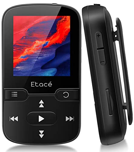 Etacé MP3 Player Bluetooth 5.0, Sport Musik-Player mit 16GB internen Speicher, UKW-Radio, E-Book, Schrittzähler, Sprachaufzeichnung und Unterstützung für bis zu 128 GB TF/Micro SD-Karte