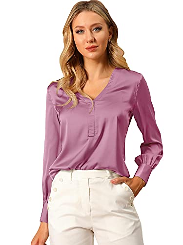 Allegra K Damen Satin V-Ausschnitt Oberteil Einfarbig Büro Elegant Langarm Shirt Bluse Lila Pflaume L