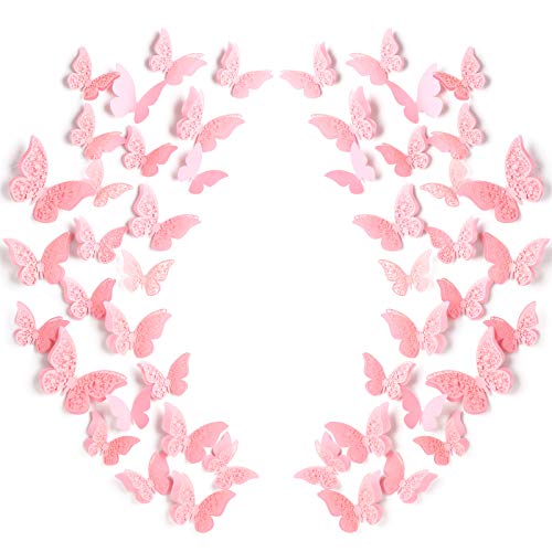 120 Stücke 60 Paare 3D Geschichteten Schmetterling Wand Dekoration Abnehmbare Schmetterling Aufkleber Hohle Wandtattoos DIY Wandkunst Handwerk für Babyzimmer Hause Hochzeit, Rosa