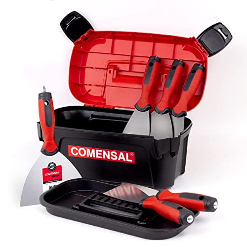 COMENSAL® Spachtel Set - Edelstahl - Trockenbau Spachtel - in Einer Werkzeugbox - für Tapeten/Trockenbau/Gips - Made in EU - 4, 6, 8, 10, 12, 15 cm