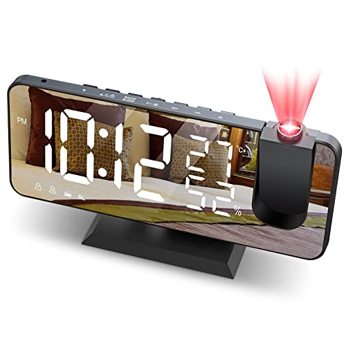 JIGA Wecker Digital Projektionswecker mit FM-Radio 7' LED Spiegelbildschirm Snooze Dual Alarm mit USB Anschluss 4 Helligkeiten Ultraklarer Raidowecker Digitaler Wecker für das Schlafzimmer,Küche,Büro