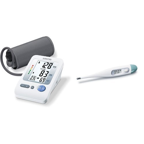 Sanitas SBM 21 Oberarm-Blutdruckmessgerät, vollautomatische Blutdruck- und Pulsmessung am Oberarm mit Arrhythmie-Erkennung + SFT 01 Digitales Fieberthermometer