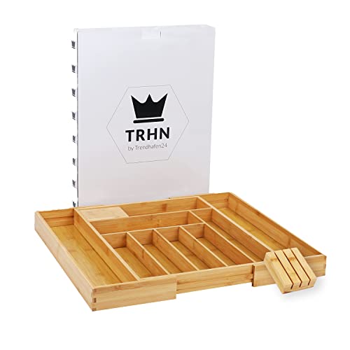 TRHN24 By Trendhafen24 Bambus Besteckkasten für Schubladen (7-9 Fächer) verstellbarer Schubladeneinsatz - Schubladen Ordnungssystem inkl. Messerblock