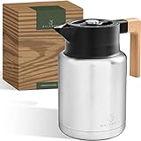 WALDWERK Thermoskanne (1,4L) - Kaffeekanne aus doppelwandigem 304 Edelstahl und mit edlem Holzgriff - Isolierkanne mit tropffreiem Ausguss