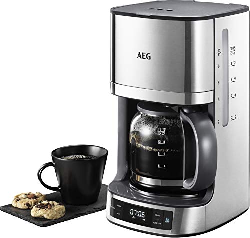 AEG KF 7700 Kaffeemaschine / programmierbarer Timer / LCD-Display / Aroma-Funktion / einfaches Befüllen / Wasserstands- und Kaffedosierungs-Anzeige / 1,375 l / gebürstetes Edelstahl, Silber