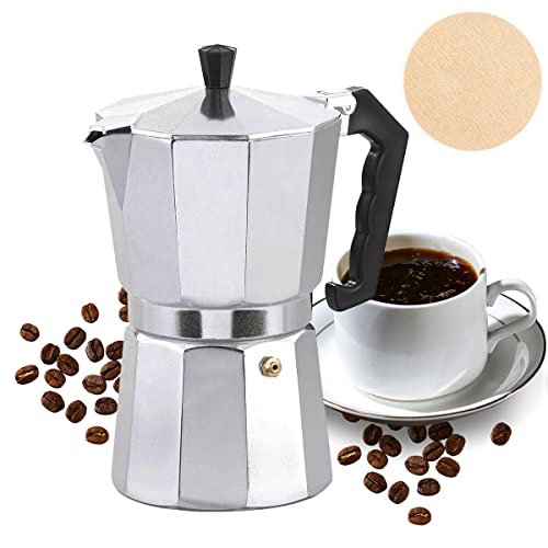 FainFun Espressokocher, 2 Tasse Mokka Kaffeebereiter Moka Caffettiera, Kaffeekocher Camping, Italienische Kaffee Mokkakanne, für Gas, Elektro-Herd und Ceranherde, Aluminium, 100ml, Silber