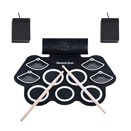 E-Drum Set Asmuse Elektronisches Schlagzeug Kit 9 Pads Tragbare Roll Up Midi Tabletop E-Drum Schlagzeug Set mit Eingebautem Lautsprecher Drum Fußpedal Drumsticks für Kinder Anfänger