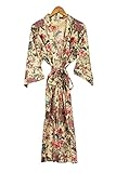 The Eastern Loom Kimono-Damen-Bademantel aus reiner Baumwolle, indischer Handbedruckter Hausmantel für den Sommer, beige Vögel, rosa Blumenmuster, bequem, Mutterschaft