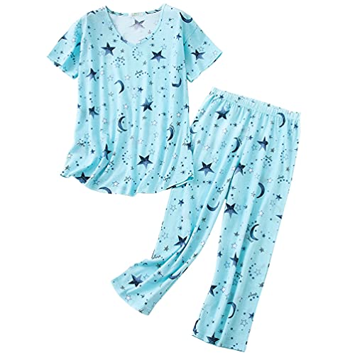 Generic Schlafanzug Damen Kurz-Kurzarm-Top und 3/4 Lange Hose Pyjama(XX-Large,Hellblau Stern)
