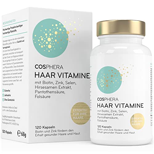 Cosphera Haar-Vitamine - Hochdosiert mit Biotin, Selen und Zink als Beitrag zum Erhalt normaler Haare. Plus Folsäure & Hirse Samen Extrakt (reich an Silizium) - 120 vegane Kapseln im 2 Monatsvorrat