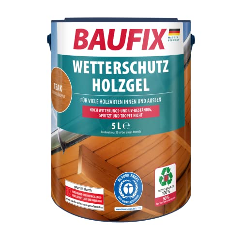 BAUFIX Wetterschutz-Holzgel, Holzlasur teak, 5 Liter, tropfgehemmte Holzschutzlasur für innen und außen, atmungsaktiv, für alle Holzarten, UV-beständig, witterungsbeständig