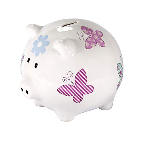 SPOTTED DOG GIFT COMPANY - Großes Sparschwein aus Keramik - Geschenk mit Box für Erwachsene und Kinder - Weiß mit farbenfrohen Schmetterlingen - XXL