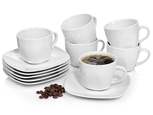 SÄNGER | 12-teiliges Kaffeetassen Set Bilgola aus Porzellan, Kaffee Geschirrset für 6 Personen, Tassen & Untersetzer, Eckiges Design | 150 ml