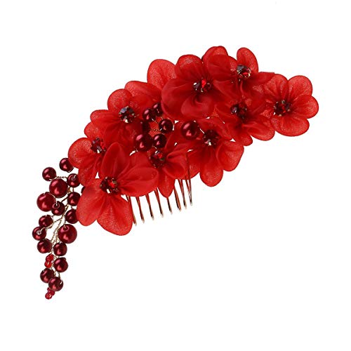 Frcolor Handgemachte Braut Haar Blume Seite Kamm Haarspange Kopfbedeckung mit Tüll Blume Hochzeit Zubehör rot