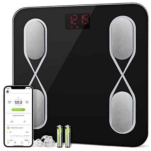 Körperfettwaage , Waage Bluetooth Personenwaage mit App Enthalten Körpergewicht, Körpertyp, BMI, Körperfettanteil, Körperalter, Muskelgewicht, Viszeraler Fettgehalt( Schwarz )…