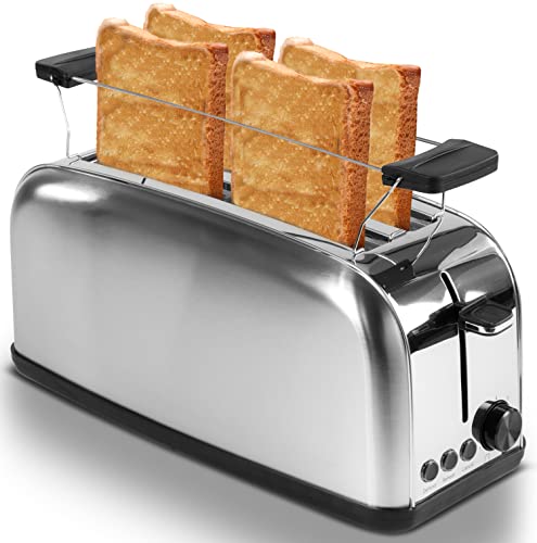 Toaster 4 Scheiben Langschlitz | Brötchenaufsatz | Beleuchtete Tasten | 4 Scheiben Toastautomat | XXL Toaster | 1630 Watt | Auftau-Funktion | Krümmelschublade |