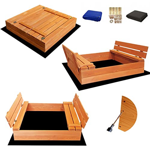 SunWood Sandkasten 100x100 cm Imprägniert Premium Sandbox mit Abdeckung Sitzbänken Deckel Plane Sandkiste Holz Kiefer Sandkastenvlies Amber-Imprägniert