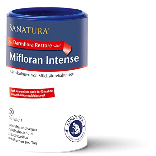 Sanatura Mifloran Intense – hochdosierte Milchsäurebakterien – 40 Mrd KBE pro Tagesdosis – Aufbau während und nach Antibiotika – vegan und laktosefrei, 200 g