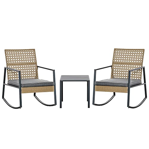 Outsunny Rattan-Schaukelstuhl 3 teilige Bistroset 2 Stühle 1 Tisch mit Kissen Stahl für Gärten Terrassen Außenbereich Terrassenmöbel Natur+Grau