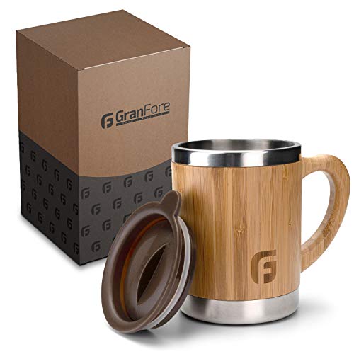 GranFore Kaffeebecher to go | 300ml Bambus Trinkbecher mit Deckel | Außergewöhnliches Design | Jeder Becher ist einzigartig