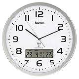 Hama Funk-Wanduhr digital (große Funkuhr mit analoger Zeitanzeige, Wanduhr mit digitaler Kalender- und Temperaturanzeige, inkl. Batterie) silber