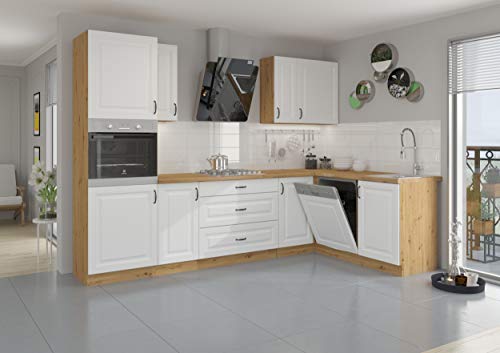 Küche Stilo Weiß + Eiche Artisan Küchenzeile Küchenblock Einbauküche Winkelküche