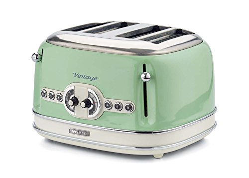 Ariete Vintage 156, 4-Scheiben-Toaster, Retro Toaster mit 6 Toaststufen, Automatischer Auswurf, Auftaufunktion, Herausnehmbares Krümelfach, Gehäuse aus Edelstahl, 1600W, Grün