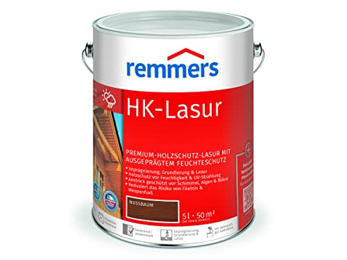 Remmers HK-Lasur nussbaum, 5 Liter, Holzlasur aussen, 3facher Holzschutz mit Imprägnierung + Grundierung + Lasur, Feuchtigkeit- und UV-Schutz