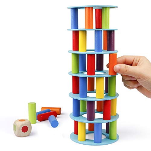 Coogam Hölzern Turm Stapelspiel, Feinmotorik-Bausteine mit Würfeln Schiefer Turm Spielzeug Montessori Family Party Games für Kinder und Erwachsene