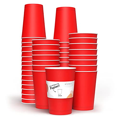 Wiseware Bierpong Becher Set aus Papier - 50 Stück rote Papierbecher - Beerpong Einmalbecher rot - Wegwerfbecher - kompostierbare Partybecher (50)